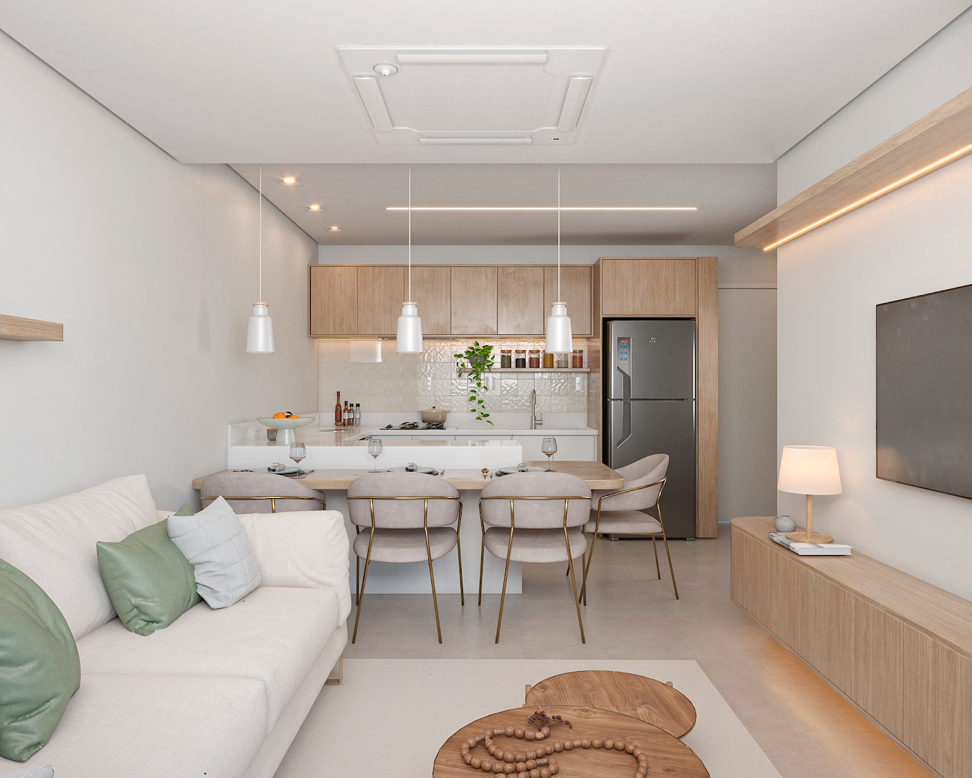 Cozinha e sala · apto 1 dormitório